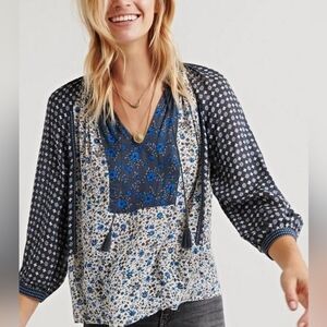 Blue and White Relaxed Tie Front Blouse